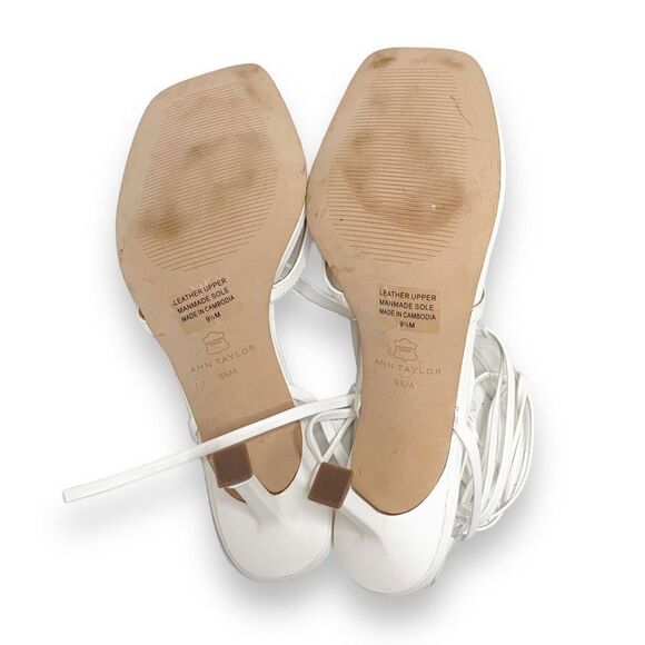 Ann Taylor White Leather Strappy Ankle Wrap Square Toe Sandal Heels Women’s 9.5M - Picture 11 of 12